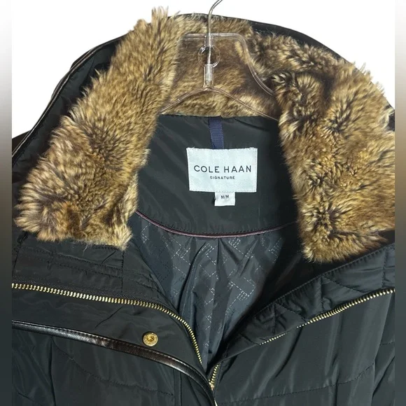 Cole Haan Puffer Coat Down Filled Faux Fur Collar Hidden Hood Blk Sz M Like New - Picture 11 of 15